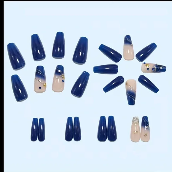 Press on nails Elegant Blue and Gold Nails set of 24 new - Picture 2 of 6